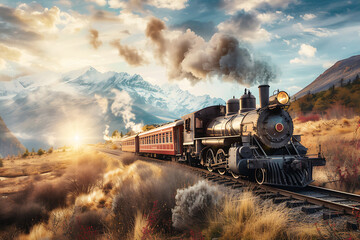 Obraz premium Vintage steam locomotive through snowy mountain terrain 