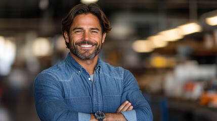 Confident Man Smiling in Industrial Warehouse Setting