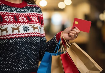 Woman shopping during the holiday season, holding a credit card and bags.