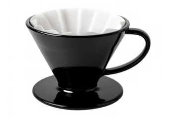 Black ceramic pour over coffee maker with white paper filter, isolated on transparent background