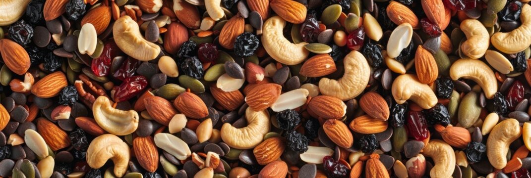 A hearty trail mix mix made with nuts seeds dried fruits and a touch of dark chocolate for a quick and satisfying snack onthego.