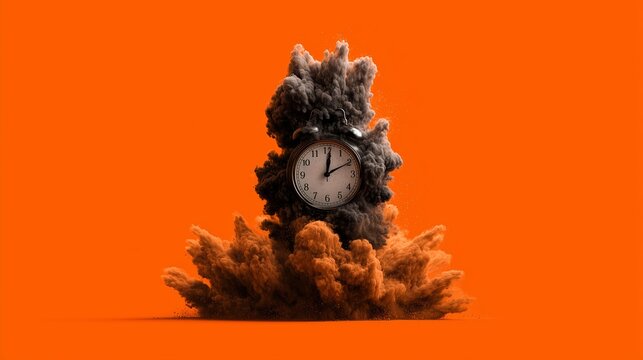 Exploding Alarm Clock Surrounded by Black Smoke on Orange Background