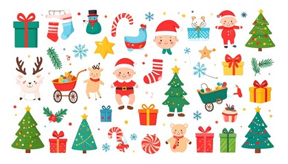 Fototapeta premium A collection of charming festive Christmas themed cartoon illustrations for graphic design