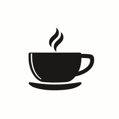 Black icon of a hot coffee cup on a saucer with steam. Minimalist silhouette vector symbol for cafe, morning beverage, and coffee break concepts.