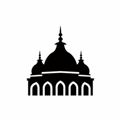 Iconic black silhouette of a grand mosque with domes and minarets. A vector illustration representing Islamic architecture, faith, and spiritual heritage.