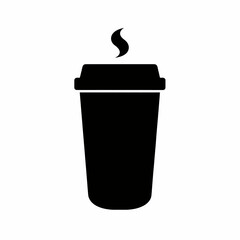 Simple black icon of a hot coffee cup to go. Minimalist vector silhouette of a disposable takeaway beverage with steam.
