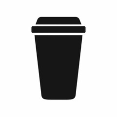 Coffee to go cup icon. Black silhouette of a disposable beverage container isolated on a white background.