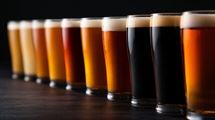 row of beer glasses with different shades from pale ale to dark stout