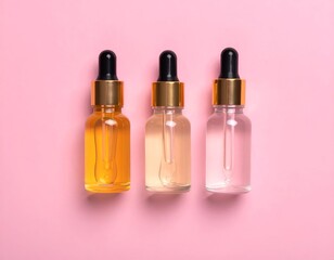 Naklejka premium Three elegant dropper bottles with different colored serums on a vibrant pink background, ideal for beauty, skincare, and wellness themes.