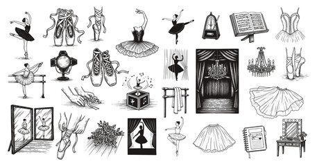 A comprehensive set of hand-drawn, monochrome ballet illustrations—ballerinas in poses, pointe shoes, tutus, stage and rehearsal elements. Ideal for dance-themed designs, decor, or creative projects.