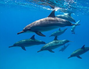 Fototapeta premium A pod of graceful dolphins swimming in clear blue ocean water with sunlight filtering through the surface.