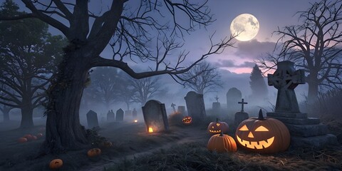 Fototapeta premium A spooky night Halloween scene with Jack O' Lanterns In a Graveyard.