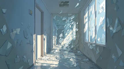 Empty hallway with cracked mirror leaning against blind wall