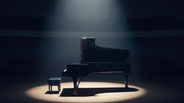 Grand piano in concert hall illuminated by spotlight, a classical performance instrument for music and entertainment, dramatic lighting