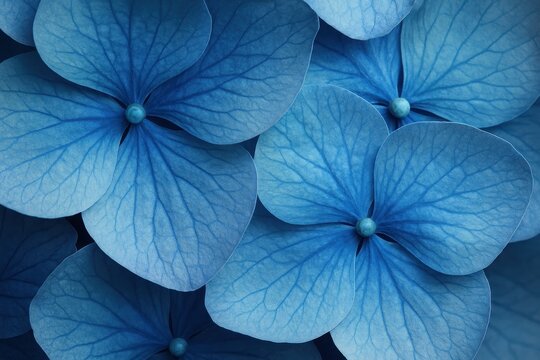 Delicate blue hydrangea petals arranged in artistic composition highlighting natural fragility and botanical beauty