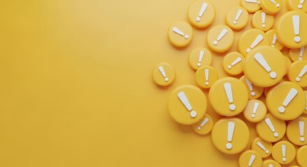 Photo of a cluster of yellow warning signs with exclamation marks fills the right side of the frame against a plain yellow background