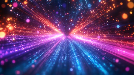Fototapeta premium A colorful abstract background with light effects, bright sparkles, and bokeh particles in motion. This digital art animation features vibrant rays, dynamic energy for an immersive experience towards