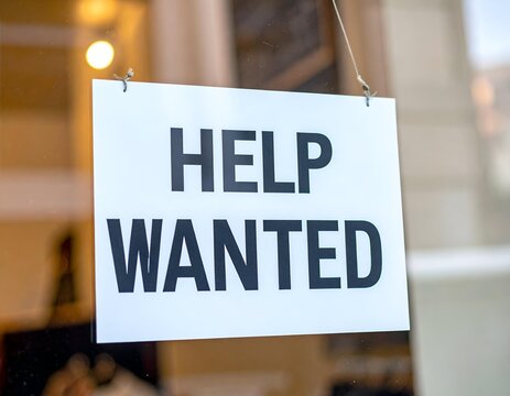 Help Wanted Sign on a Glass Business Door. This clear notice signals job opportunities, recruitment, and the need for new staff in an establishment.