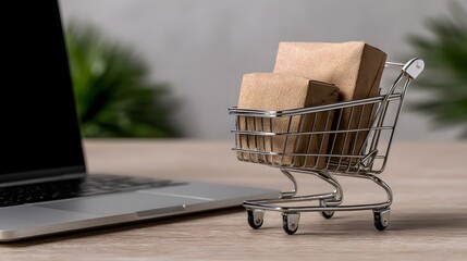 Vintage Business Concept with Shopping Cart and Laptop