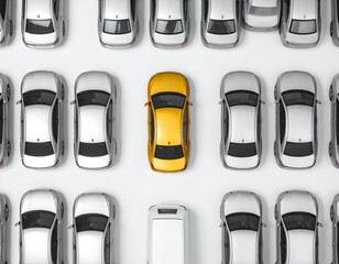Overhead shot A vibrant yellow car prominently stands out amidst numerous identical silver cars on a clean white background, symbolizing uniqueness and individuality.