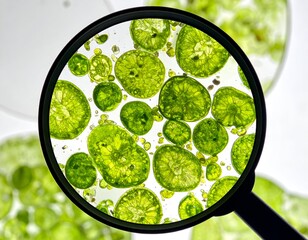 Magnifying glass revealing vibrant green microscopic plant cells or algae on a bright background, representing biological research.