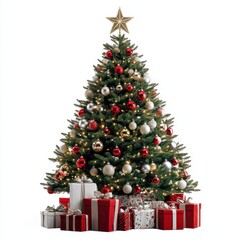 Decorated christmas tree with gifts isolated on white background