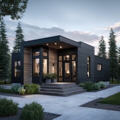 Modern, dark-sided home at dusk