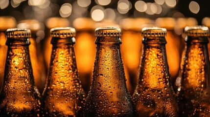Glistening Beer Bottles with Dew Drops in Blurred Background