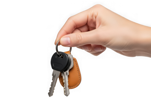 A persons hand holds a set of keys with a leather keychain, isolated on a transparent background