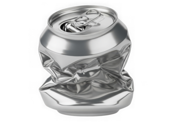 A crushed aluminum can isolated on a transparent background, representing waste and recycling