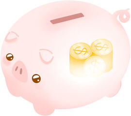 귀여운 돼지 캐릭터 저금통 안에 동전들이 살짝 보이는 일러스트.