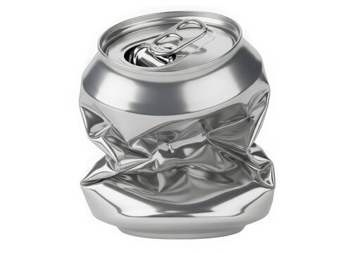 A crushed aluminum can isolated on a transparent background, representing waste and recycling