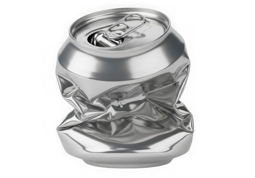 A crushed aluminum can isolated on a transparent background, representing waste and recycling
