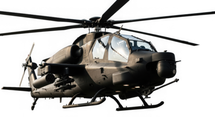 A dark military attack helicopter with rotors and weapons, isolated on transparent background