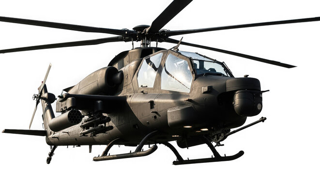 A dark military attack helicopter with rotors and weapons, isolated on transparent background