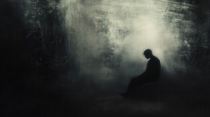 a dark room with slumped shoulders and a tired expression, symbolizing depression and isolation, background blur,
