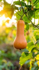 Butternut squash hanging from vine in sunlight