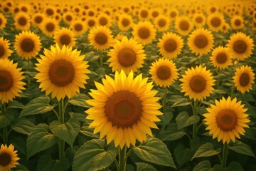 Fototapeta premium Vibrant sunflower field at sunset.