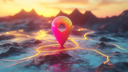 An illuminated geolocation marker sits atop a stylized mountain landscape glowing with digital light trails, representing futuristic mapping tools, travel tracking, modern location-based innovation.