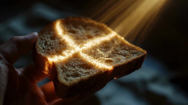 A serene hand holding a delicate slice of bread with an ethereal cross shape projected on its surface. The image highlights the transformative power of food in spiritual rituals inviting
