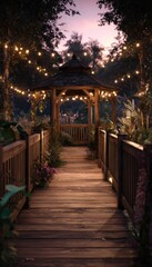 Obraz premium Wooden gazebo, string lights, tranquil path
