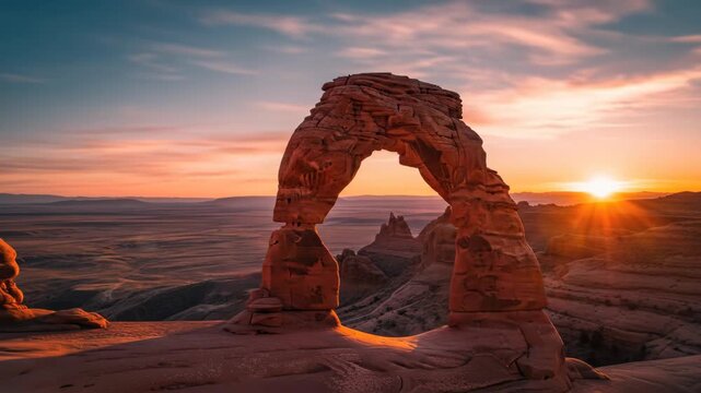 Delicate Arch at Sunset, Arches National Park, Utah. Landscape with sandstone formation under colorful sky. Travel photography, nature and tourism concept.