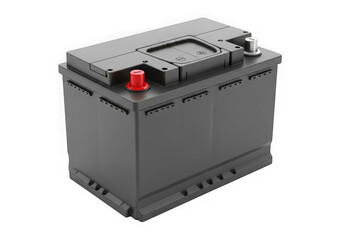 Fototapeta premium A black car battery with red and silver terminals isolated on a transparent background