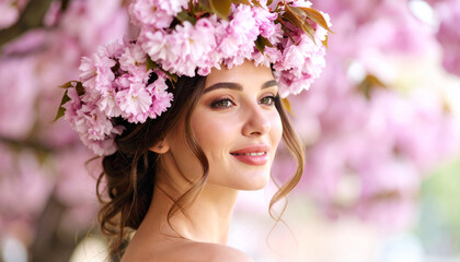 Obraz premium A beautiful woman wears a beautiful flower wreath on her head