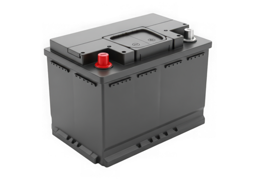 A black car battery with red and silver terminals isolated on a transparent background - Powered by Adobe