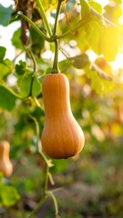 Butternut squash hanging from vine