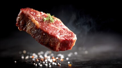 beef steak floating in the air, in front of black background