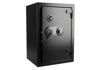 A sturdy black metal safe with a combination lock and keyhole, isolated on a transparent background