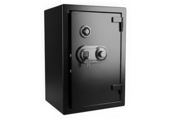 A sturdy black metal safe with a combination lock and keyhole, isolated on a transparent background