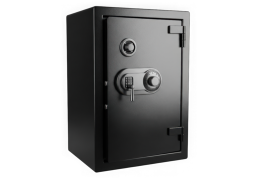 A sturdy black metal safe with a combination lock and keyhole, isolated on a transparent background